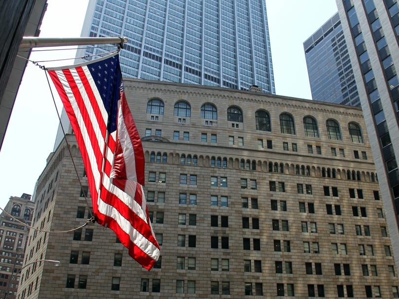 American Flag in front of Federal Reserve Building in Wall Street NYC (1)