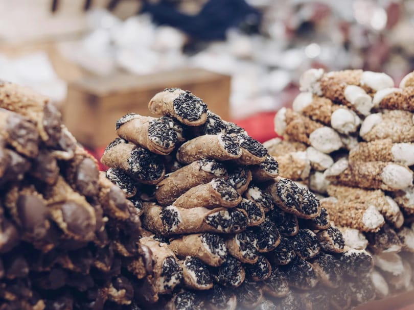 Close up of cannolis at Christmas Fair
