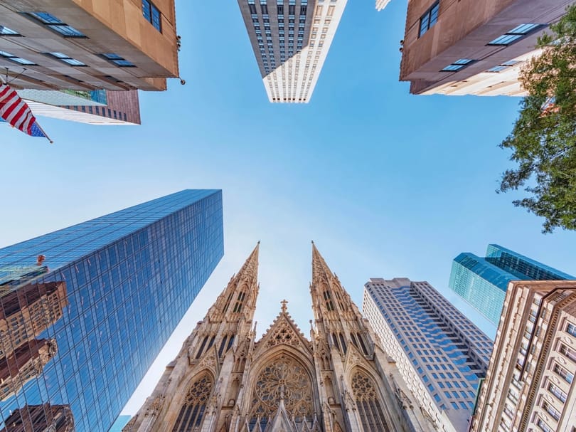 Tall buildings in Manhattan seen from street level, New York