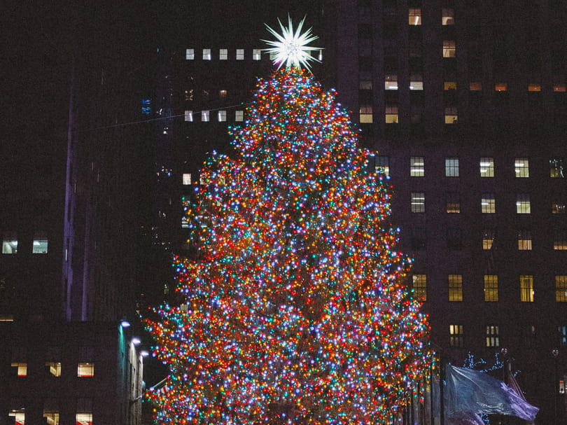 Rockefeller Center Christmas tree lit up in NYC